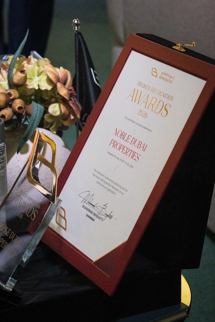 Binghatti Broker Recognition Award certificate for Noble Dubai Properties